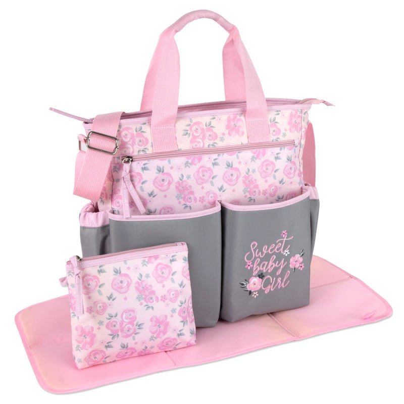 Baby Essentials Crossbody Floral Pink Diaper Bag Tote with Changing Station for Baby Girl, 3 Piece Diaper Bag Set (Flowers) - Image 1