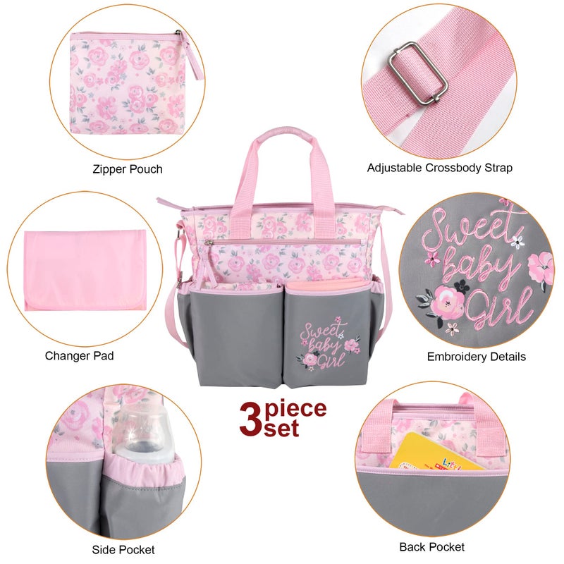Baby Essentials Crossbody Floral Pink Diaper Bag Tote with Changing Station for Baby Girl, 3 Piece Diaper Bag Set (Flowers) - Image 2
