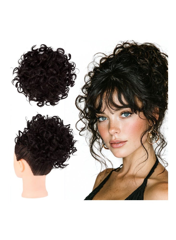 Messy Curly Synthetic Hair Bun, Short Curly Chignon with Elastic Drawstring, Loose Wave Large Curly Bun, Hair Extension Bun Wig for Women Daily Use, Brown Black, (10inch) - Image 1