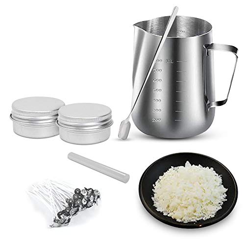 AURA DECOR AuraDecor Candle Making Kit - 1 Wax Pouring Kettle (800ml), 1/2 Kg Soy Wax, 20 Wick (3 inch), 1 Glue Stick, 1 Stirring Spoon & 2 Containers, White - Image 1