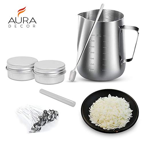 AURA DECOR AuraDecor Candle Making Kit - 1 Wax Pouring Kettle (800ml), 1/2 Kg Soy Wax, 20 Wick (3 inch), 1 Glue Stick, 1 Stirring Spoon & 2 Containers, White - Image 2