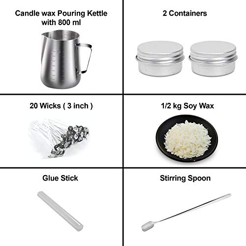 AURA DECOR AuraDecor Candle Making Kit - 1 Wax Pouring Kettle (800ml), 1/2 Kg Soy Wax, 20 Wick (3 inch), 1 Glue Stick, 1 Stirring Spoon & 2 Containers, White - Image 3