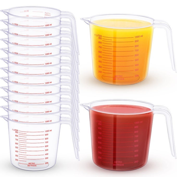 12 PIECES PLASTIC MEASURING CUPS 4 CUP CAPACITY CLEAR MEASURING MUG WITH SPOUT AND HANDLE GRIP 1000 ML MARKING FOR FLOUR WATER LIQUID INGREDIENT