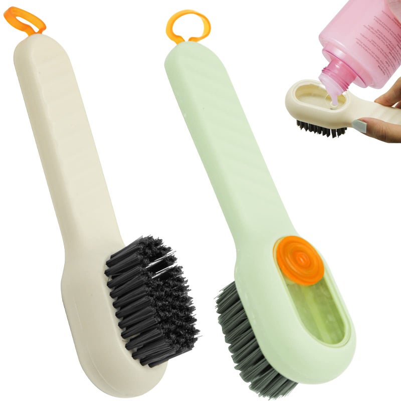 2Pcs Multifunctional Liquid Shoe Cleaning Brush with Soap Dispenser, Shoe Laundry Brush Scrub Brushes for Cleaning, Soft Bristle Cleaning Brushes for Household Use Bathroom Kitchen (Green, White) - Image 1