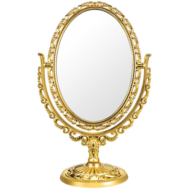 1Pc European Style Cosmetic Mirror Desktop Makeup Mirror Retro Double Sided Mirror for Home Bathroom Bedroom (Golden) - Image 1