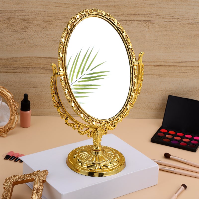 1Pc European Style Cosmetic Mirror Desktop Makeup Mirror Retro Double Sided Mirror for Home Bathroom Bedroom (Golden) - Image 2