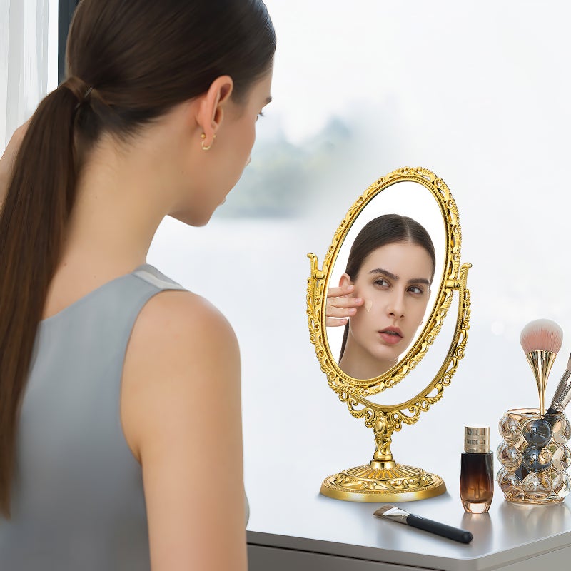 1Pc European Style Cosmetic Mirror Desktop Makeup Mirror Retro Double Sided Mirror for Home Bathroom Bedroom (Golden) - Image 5
