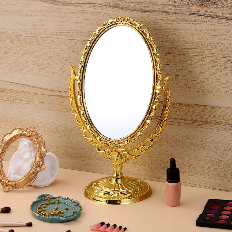 1Pc European Style Cosmetic Mirror Desktop Makeup Mirror Retro Double Sided Mirror for Home Bathroom Bedroom (Golden) - Image 3