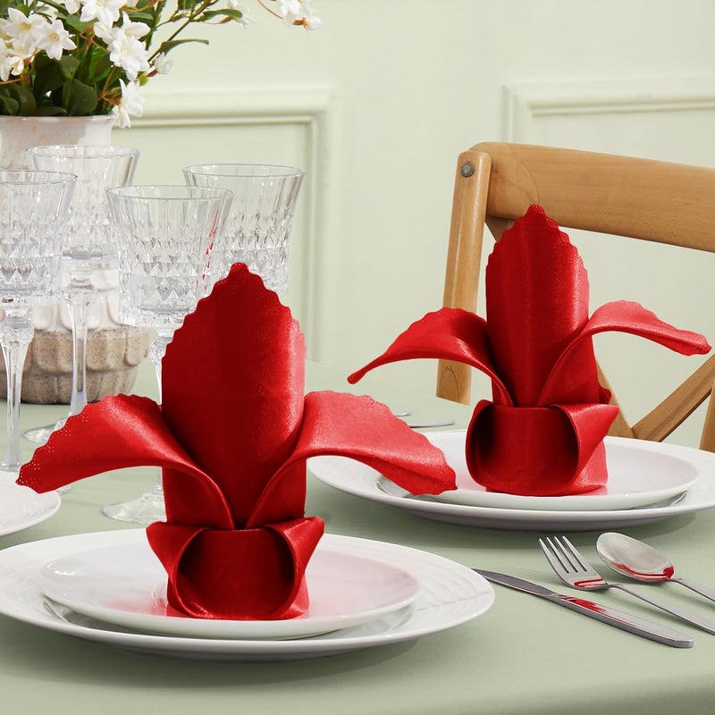 VACVELT 24 Pack Red Satin Napkins 17x17 Inch Scalloped Elegant Dinner Napkins for Wedding Restaurant Banquet Graduation Party - Image 2