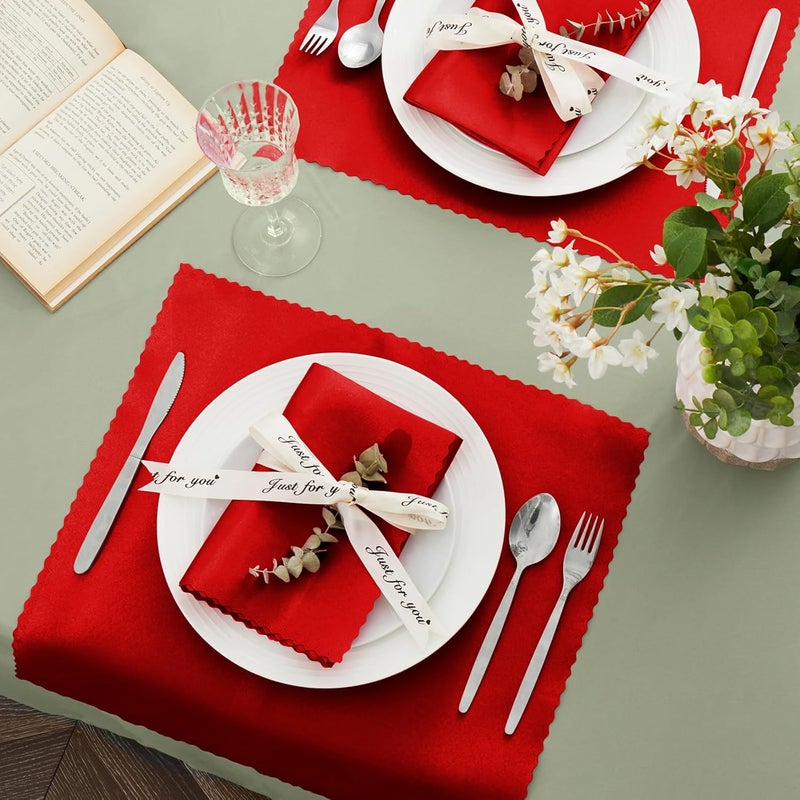 VACVELT 24 Pack Red Satin Napkins 17x17 Inch Scalloped Elegant Dinner Napkins for Wedding Restaurant Banquet Graduation Party - Image 3