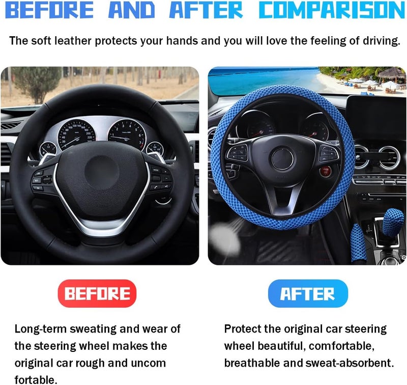 Bittwee 3PCS 15Inch Car Steering Wheel Cover Armrest Cover Gear Shift Cover Set, Microfiber Breathable Anti-Slip Automotive Steering Wheel Protector, Vehicle Interior Decor, Universal Fit（Blue） - Image 3