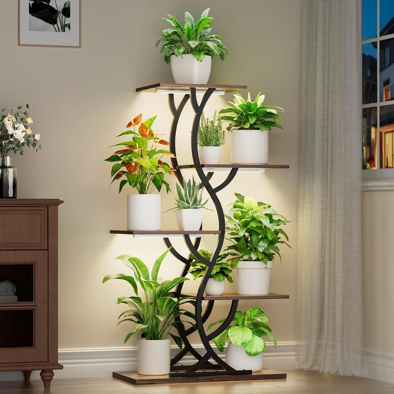 EVAWOO Plant Stand Indoor with Grow Lights - 44" Tall Corner Plant Stands for Indoor Plants, 5 Tiered Metal Plant Shelf, Curved Plant Flower Holder Dispaly Rack for Living Room, Home Patio Balcony (Black) - Image 1