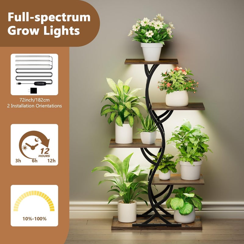 EVAWOO Plant Stand Indoor with Grow Lights - 44" Tall Corner Plant Stands for Indoor Plants, 5 Tiered Metal Plant Shelf, Curved Plant Flower Holder Dispaly Rack for Living Room, Home Patio Balcony (Black) - Image 4