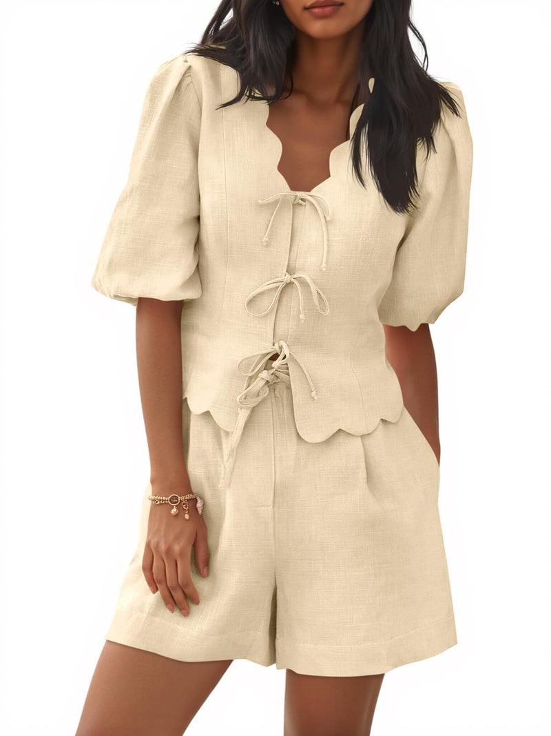 Cicy Bell Womens Summer 2 Piece Short Sets Puff Short Sleeve V Neck Bow Tie Front Tops Wide Leg Shorts Pajamas Matching Sets - Image 1
