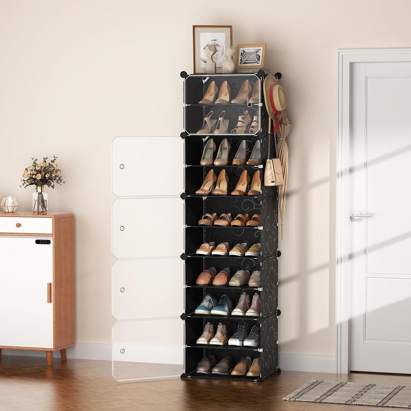 NOJTI Shoe Rack for Home Plastic Portable Shoe Rack with Dustproof Door for HeelsSlippersBoots Shoe Storage Cabinet with Hooks for Entryway or Bedroom Black - Image 1