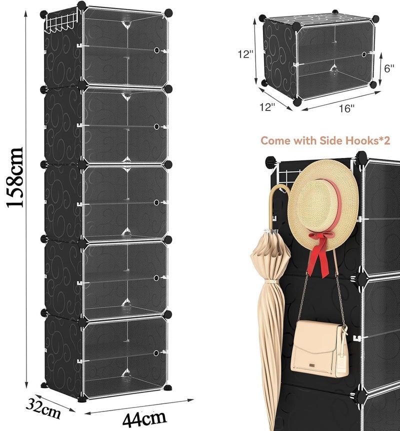 NOJTI Shoe Rack for Home Plastic Portable Shoe Rack with Dustproof Door for HeelsSlippersBoots Shoe Storage Cabinet with Hooks for Entryway or Bedroom Black - Image 2