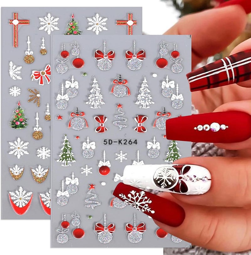 Totelux 5D Christmas Nail Art Stickers Glitter Snowflakes Nail Decals Red Bells Christmas Tree French Nail Design Self Adhesive Stickers for Women Girls DIY Nail Art Decoration (Gold Silver)