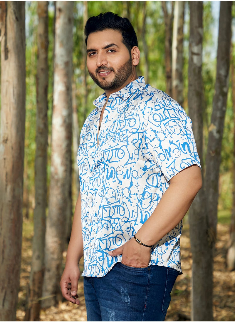Instafab Plus Instafab Plus Men's Azure Blue & Cream White Graffiti Satin Shirt For Casual Wear | Cuban Collar | Short Regular Sleeves | Button Closure | Plus Size Shirt Crafted With Comfort Fit For Everyday Wear  - Image 3