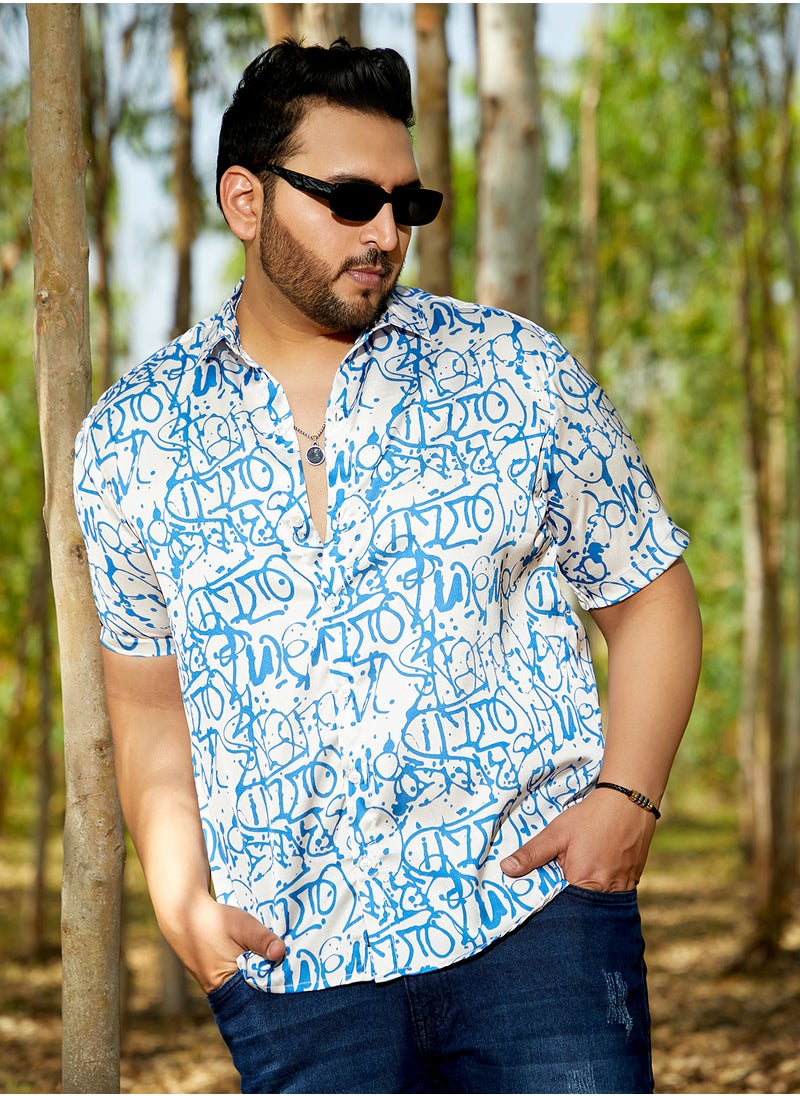 Instafab Plus Instafab Plus Men's Azure Blue & Cream White Graffiti Satin Shirt For Casual Wear | Cuban Collar | Short Regular Sleeves | Button Closure | Plus Size Shirt Crafted With Comfort Fit For Everyday Wear  - Image 1