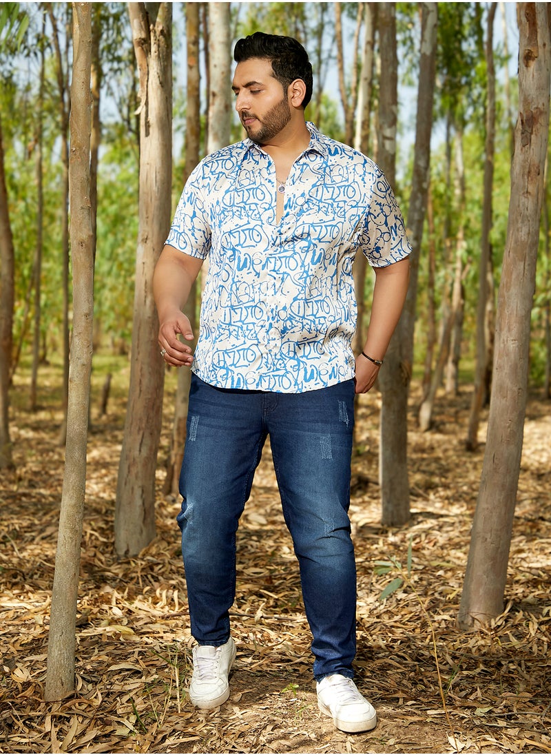 Instafab Plus Instafab Plus Men's Azure Blue & Cream White Graffiti Satin Shirt For Casual Wear | Cuban Collar | Short Regular Sleeves | Button Closure | Plus Size Shirt Crafted With Comfort Fit For Everyday Wear  - Image 5