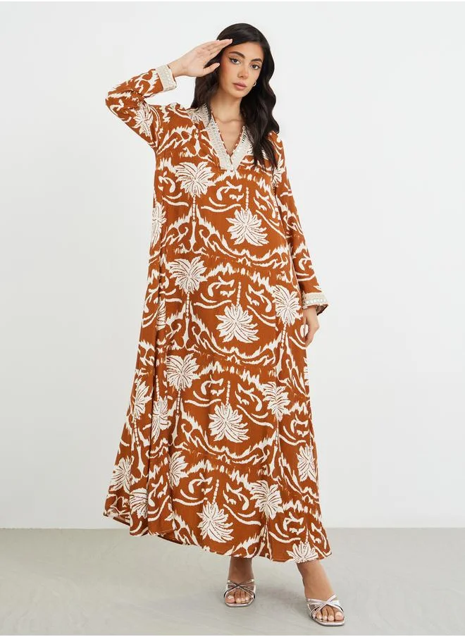 أميرة Amirah Floral Print Lace Detail V-Neck A-Line Jalabiya