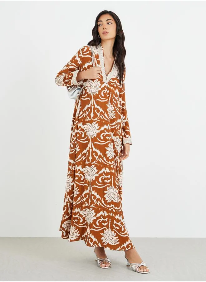 أميرة Amirah Floral Print Lace Detail V-Neck A-Line Jalabiya