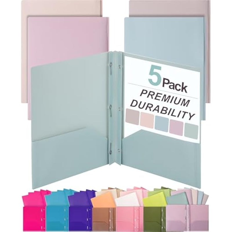 Plastic Folders with Pockets and Prongs, 5 Pack, Muted Pastel Colors, Letter (8.5 x 11) - 5 Pack, Pink, Back to School Supplies - Image 1