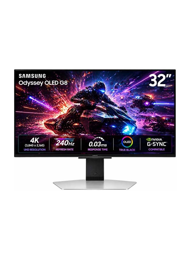 Samsung 32 inch Gaming Monitor G8 G81F Odyssey OLED 4K (3,840 x 2,160) 240Hz Refresh Rate 0.03Ms Response Time, Silver Matte, Height Adjustable and Pivot, LS32FG810SMXUE Black - Image 1