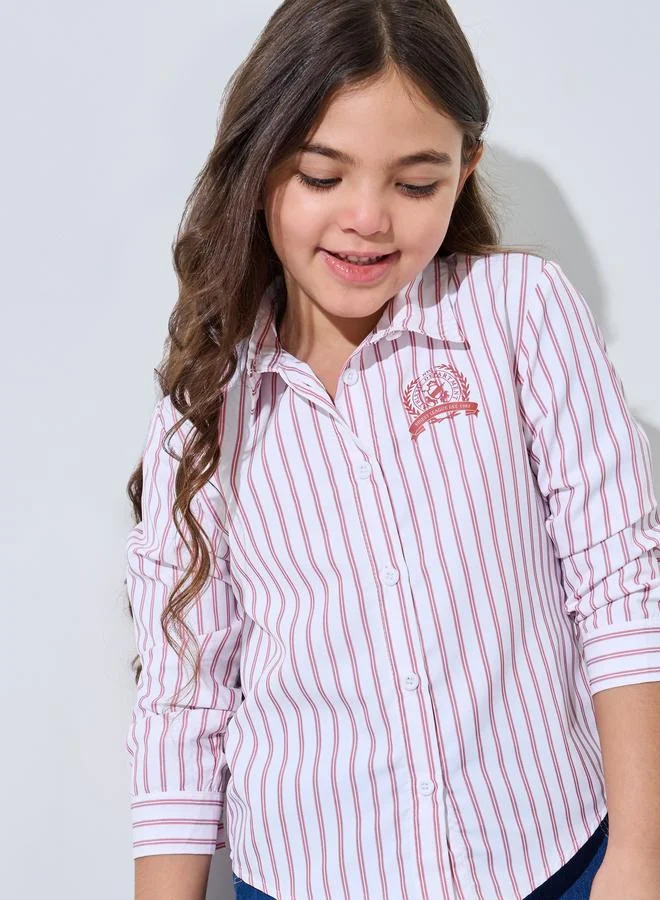 Styli Girl Strip Long Sleeves Shirt with Side Logo Embroidery