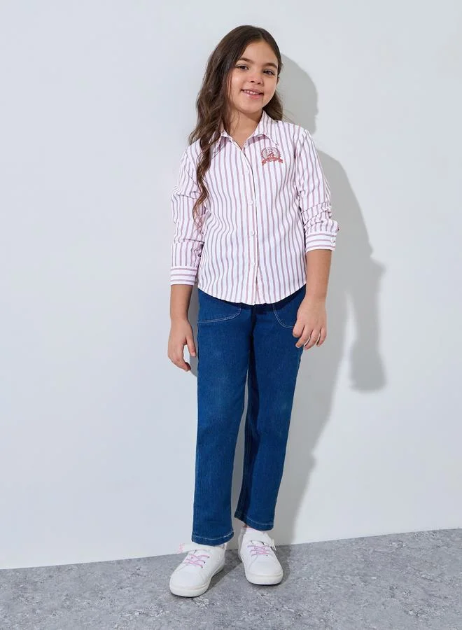 Styli Girl Strip Long Sleeves Shirt with Side Logo Embroidery