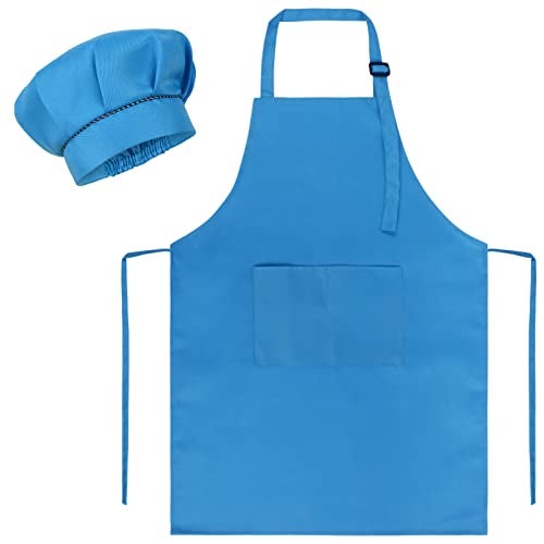 SUNLAND Kids Apron And Hat Set Children Chef Apron For Cooking Baking Painting Blue S - Image 1