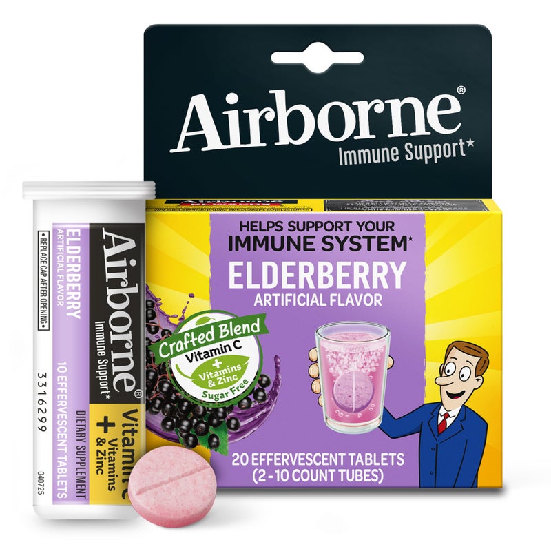 Airborne Elderberry Extract Vitamin C 1000mg per Serving Effervescent Tablets 20 Count in a Box GlutenFree Immune Support Supplement with Vitamins A C E Zinc Selenium Sugar Free
