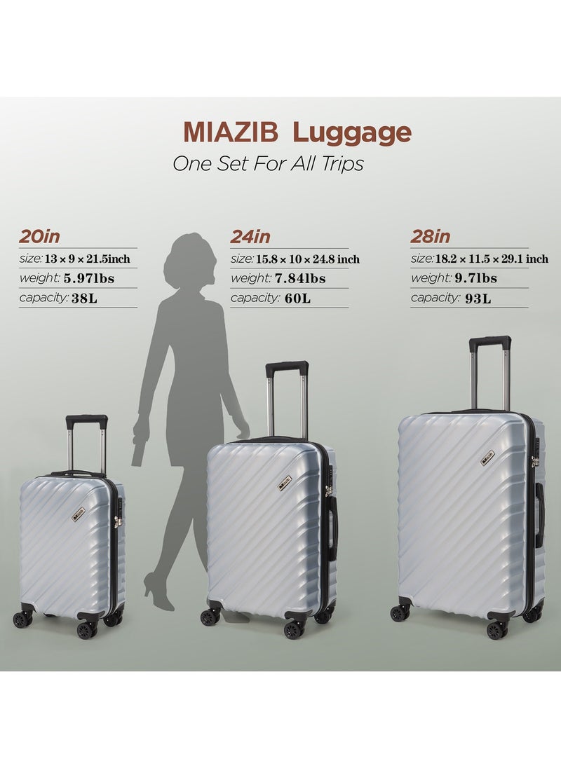 MIAZIB MIAZIB Luggage Sets Suitcases with Wheels Suitcase set Hardshell Luggage sets Clearance Luggage sets with TSA Lock 20/24/28 Inch Luggage Lightweight Suitcases with Wheels Silver  - Image 5