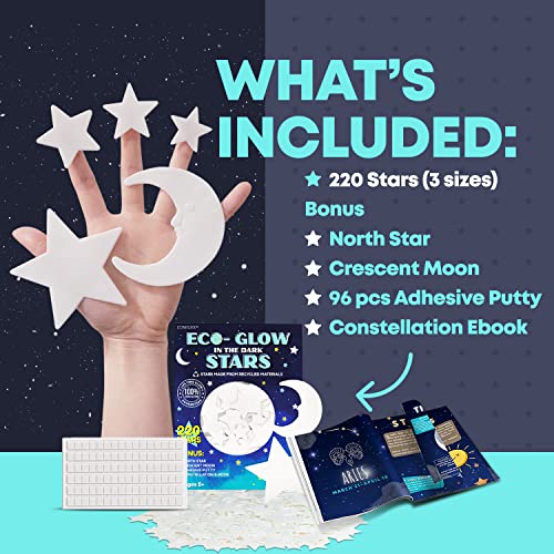 LUMOSX Glow in the Dark Stars for Ceiling – 220pcs Recycled Material Stars with North Star, Moon & Constellation E-Book for Kids' Room Decor - Image 2