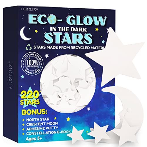 LUMOSX Glow in the Dark Stars for Ceiling – 220pcs Recycled Material Stars with North Star, Moon & Constellation E-Book for Kids' Room Decor - Image 1