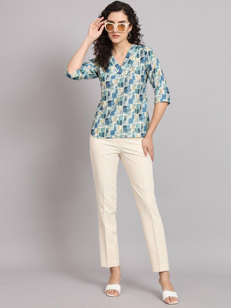 Powersutra Women Polyester Regular Fit Printed | Work Casual Tops, Blue, 2XL - Image 3