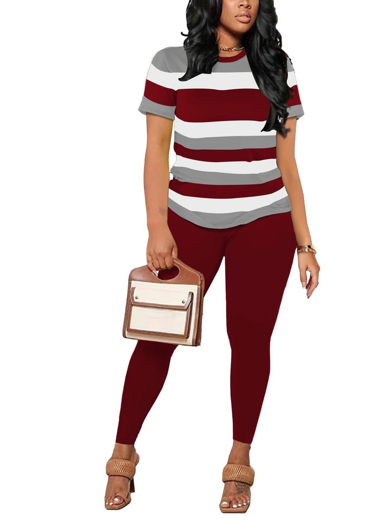HBQ Women 2 Piece Outfits Summer Sweatsuits Slim Fit Track Suits Biker Short Workout Jogger Sets Stripe 2XL - Image 2