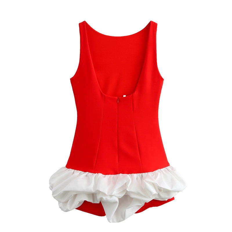 Foreign trade wholesale 2024 autumn new womens European and American style fashion waist slim sleeveless short dress Red and white - Image 1