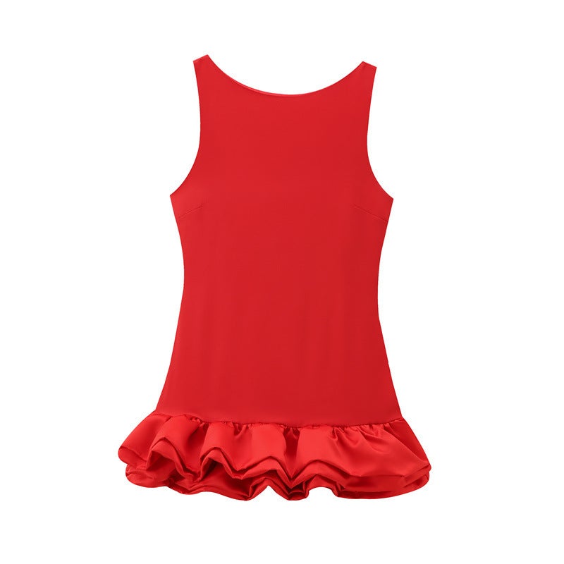 Foreign trade wholesale 2024 autumn new womens European and American style fashion waist slim sleeveless short dress Red and white - Image 4