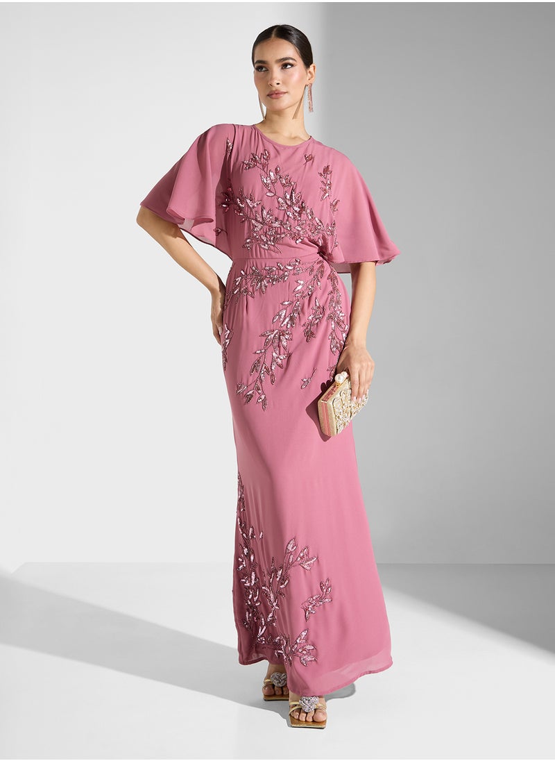 Maya Placement Embellished Cape Sleeve Maxi Dress  - Image 4