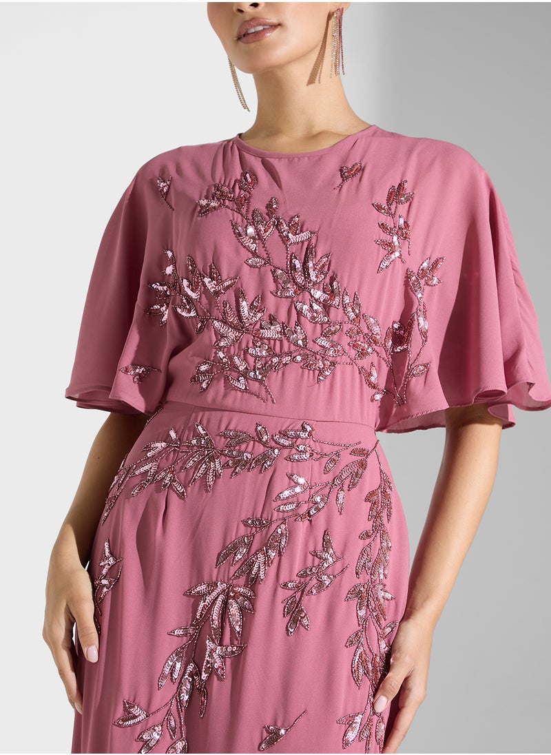 Maya Placement Embellished Cape Sleeve Maxi Dress  - Image 3