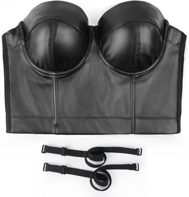 ELLACCI PU Leather Bustier Crop Top Gothic Punk Push Up Women's Corset Top Bra Black - Image 3