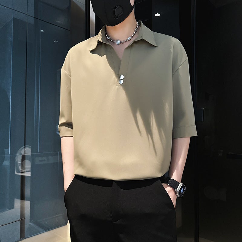 Men'S T-Shirt Short-Sleeved High-End Ice Silk V-Neck Top Men'S Summer Half-Sleeved White T-Shirt - Image 1
