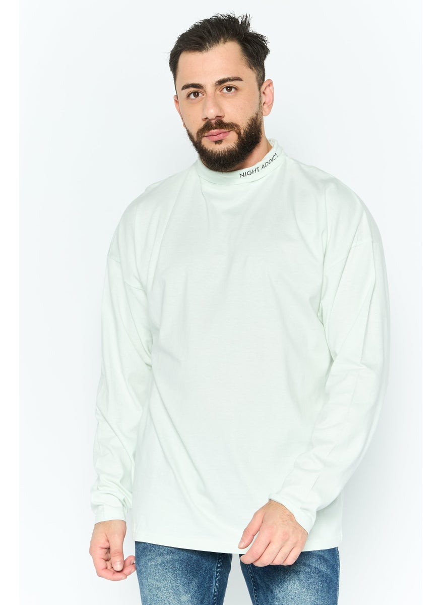 Night Addict Men Mock Neck Long Sleeves Graphic Print T-Shirt, Light Green  - Image 1