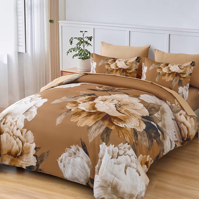 Dobuyly Brown Comforter Set Queen Size 7 Piece Bed in a Bag, Floral Printed on Brown Comforter Set with Sheets, Soft Microfiber Botanical Fall Complete Bedding Set for All Season - Image 2