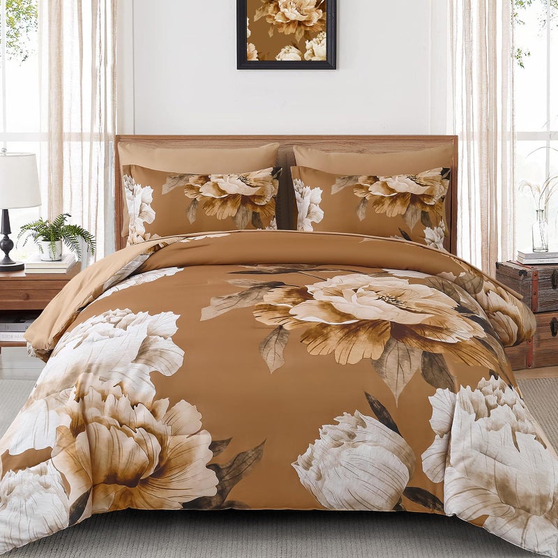 Dobuyly Brown Comforter Set Queen Size 7 Piece Bed in a Bag, Floral Printed on Brown Comforter Set with Sheets, Soft Microfiber Botanical Fall Complete Bedding Set for All Season - Image 1