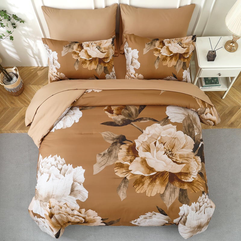 Dobuyly Brown Comforter Set Queen Size 7 Piece Bed in a Bag, Floral Printed on Brown Comforter Set with Sheets, Soft Microfiber Botanical Fall Complete Bedding Set for All Season - Image 3