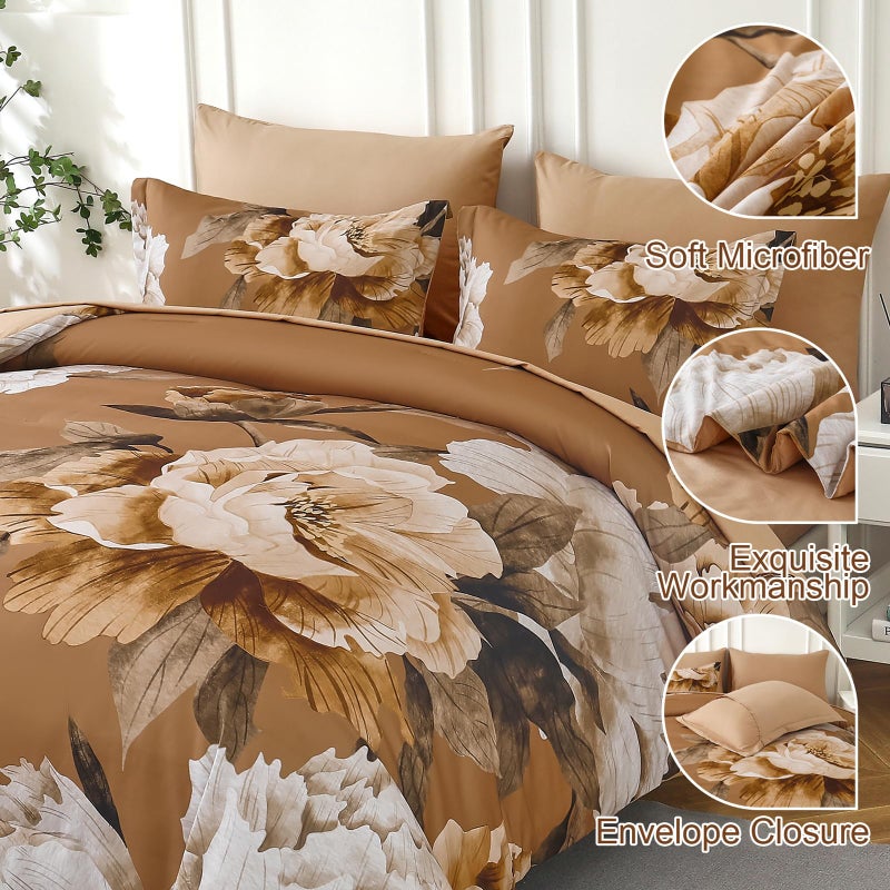 Dobuyly Brown Comforter Set Queen Size 7 Piece Bed in a Bag, Floral Printed on Brown Comforter Set with Sheets, Soft Microfiber Botanical Fall Complete Bedding Set for All Season - Image 4
