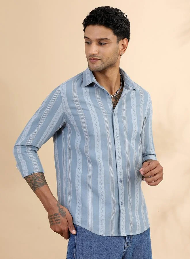 Bushirt Bushirt Men Blue Striped Spread Collar Shirt
