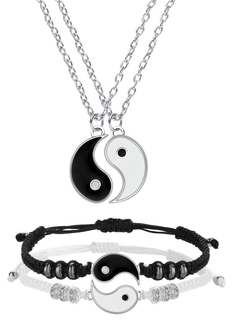Yin Yang Friend or Couple Bracelet with Necklace Set, 2 Pieces Matching Yin Yang Adjustable Cord Bracelet, 2 Pieces Yin Yang Couple Pendant Necklace Chain for Friendship Boyfriend Girlfriend - Image 1